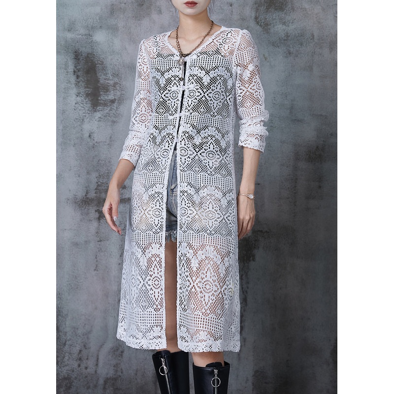 Beautiful White Hollow Out Lace Long Tops Summer