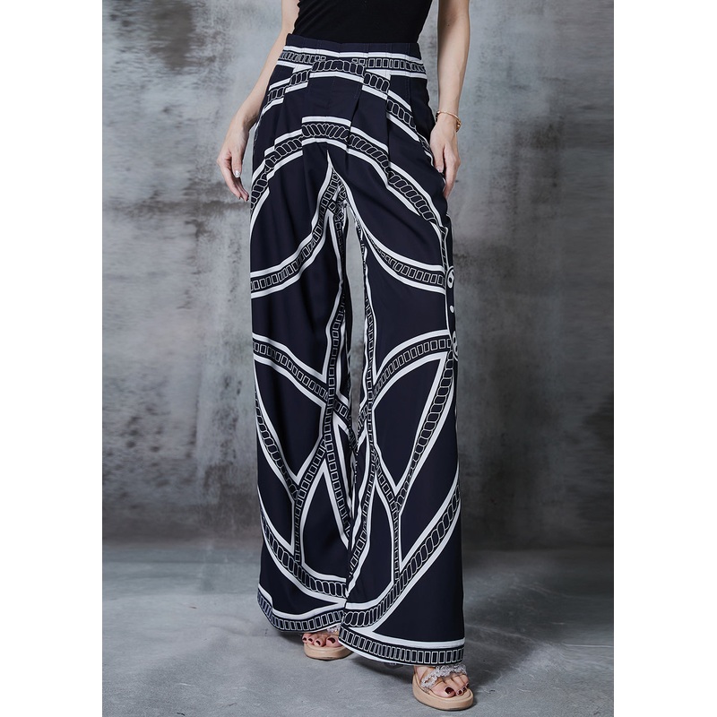 Black Print Chiffon Wide Leg Pants Elastic Waist Spring