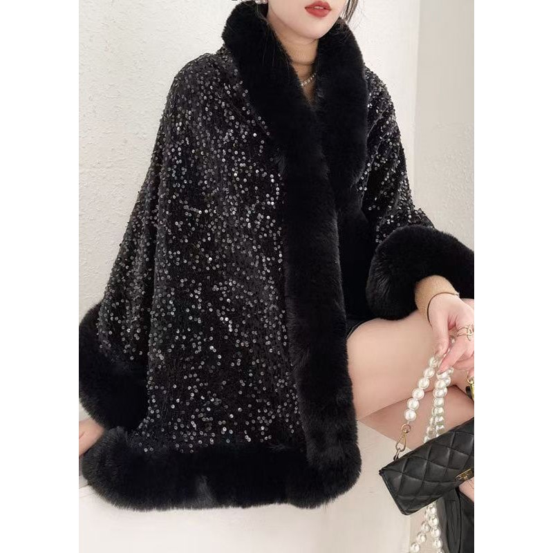 Black Sequins Patchwork Warm Fleece Cape Coat Fur Collar Winter