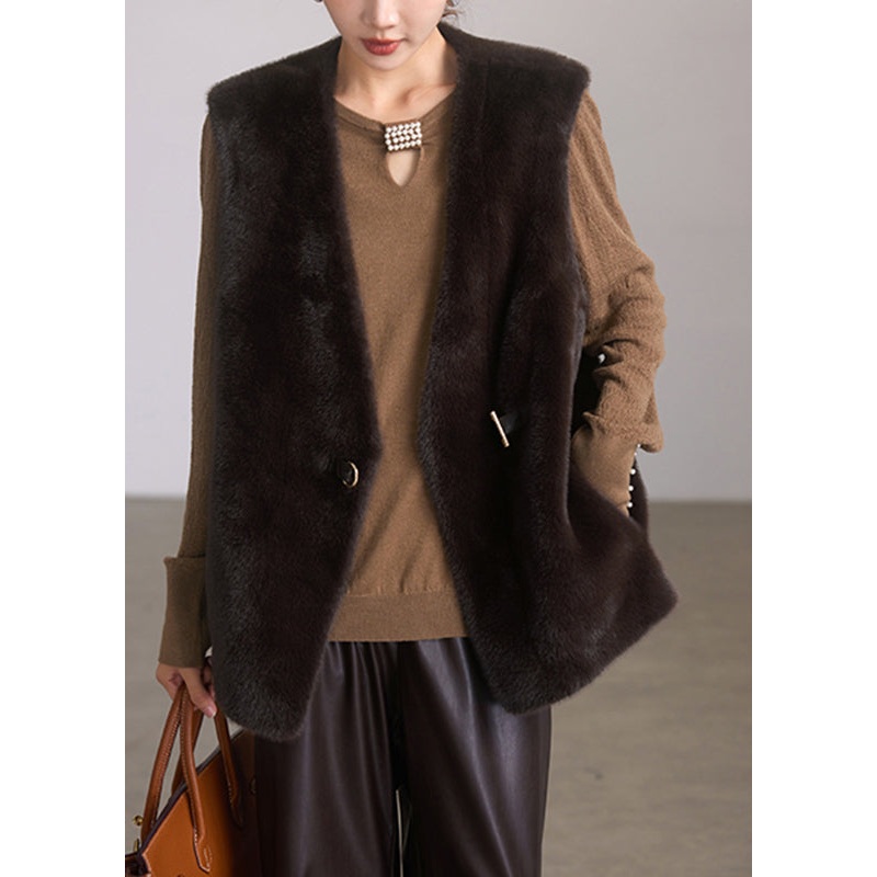 Brief Coffee V Neck Leather And Fur Waistcoat Spring