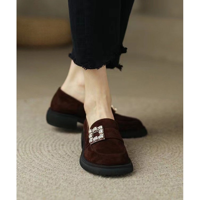 Brown Chunky Suede Casual Zircon Splicing Loafer Shoes