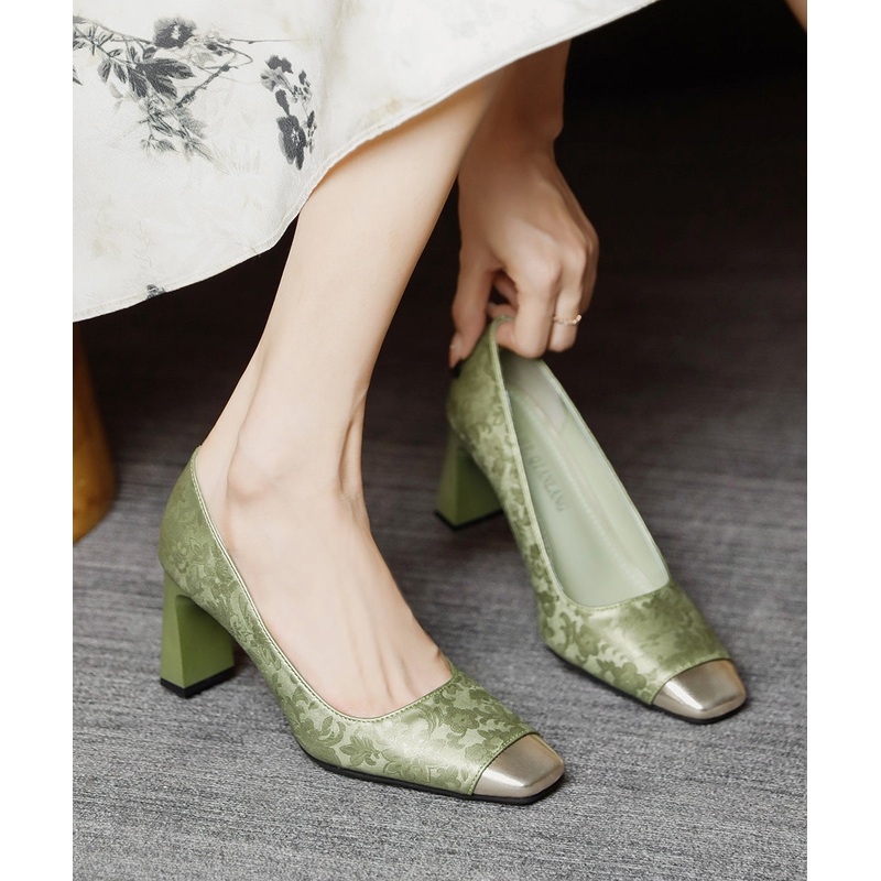 Chinese Style Green Chunky Heel Satin Square Toe