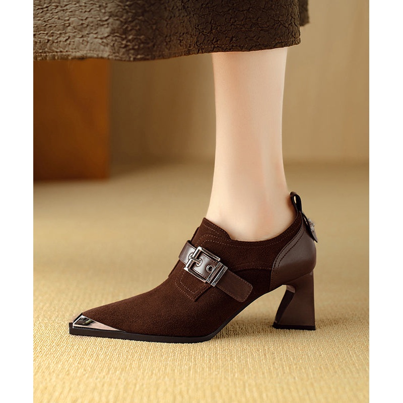 Elegant Splicing Chunky High Heels Brown Suede Pointed Toe