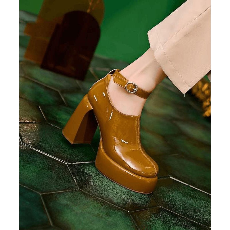 Fashion Splicing Chunky High Heels Brown Faux Leather