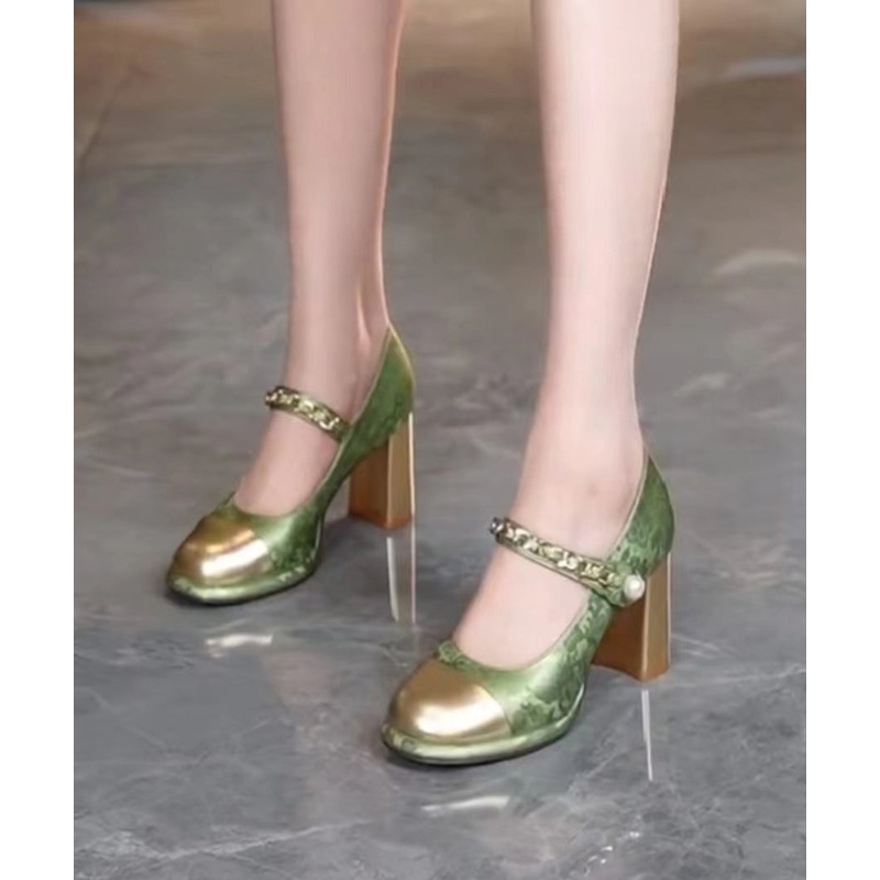Green Faux Leather Splicing Retro Buckle Strap Chunky Heel