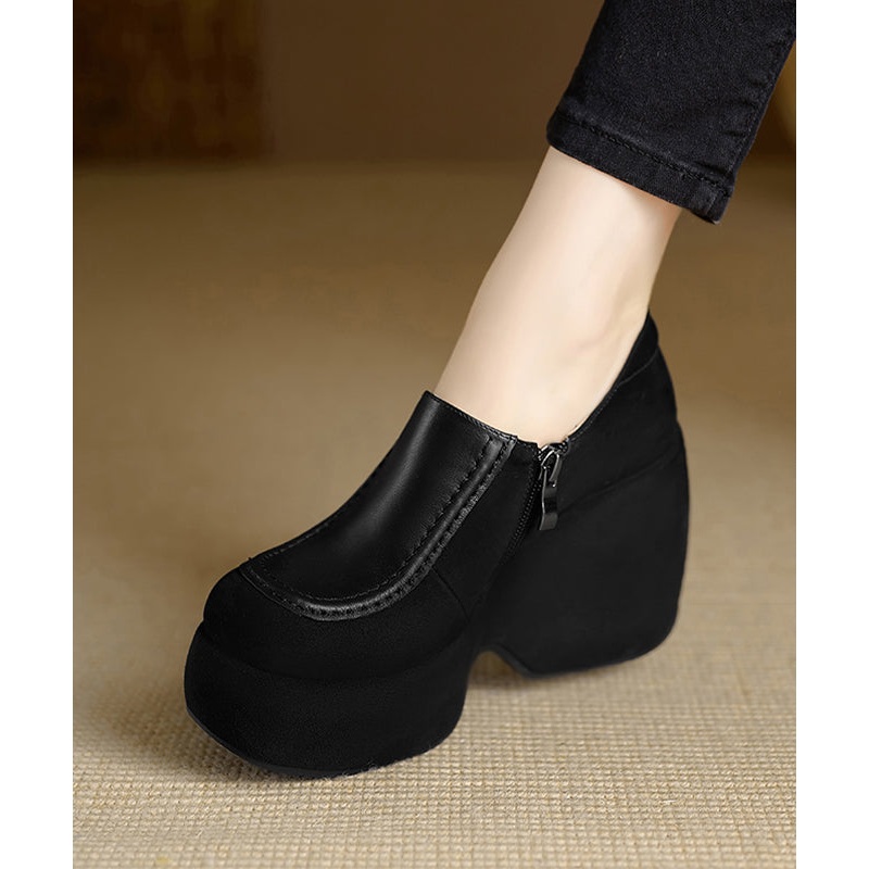 Handmade Black High Wedge Heels Cowhide Leather Beautiful Splicing