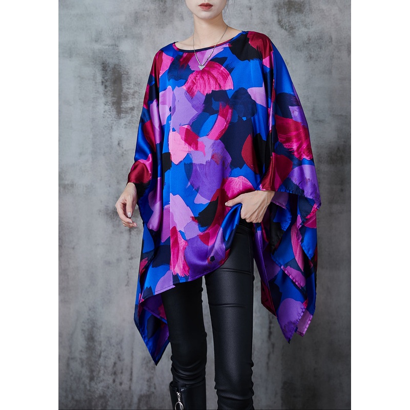 Unique Oversized Print Silk Long Smock Batwing Sleeve