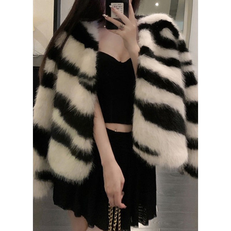 White Original Design Fuzzy Fur Fluffy Coats V Neck Winter