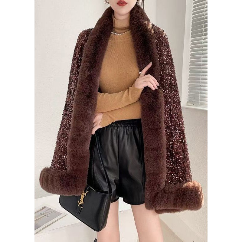 Women Coffee V Neck Sequins Patchwork Warm Fleece Coat Batwing Sleeve