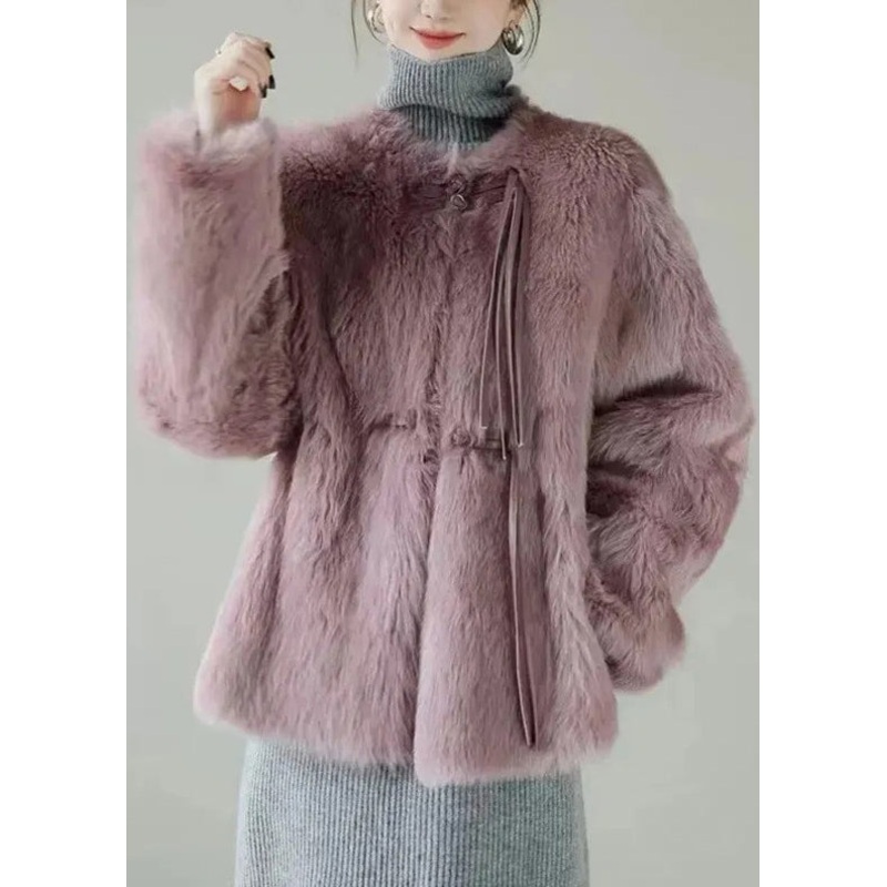 Women Purple Button Solid Mink Hair Coat Winter
