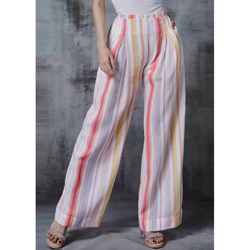 Women Rainbow Striped Cotton Wide Leg Pants Spring