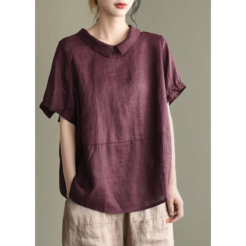 Bohemian Mulberry Patchwork Turn-down Collar Summer Linen Shirt Top