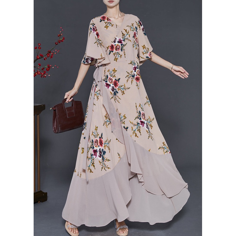 Apricot Print Chiffon Long Dresses Exra Large Hem Cloak Sleeves