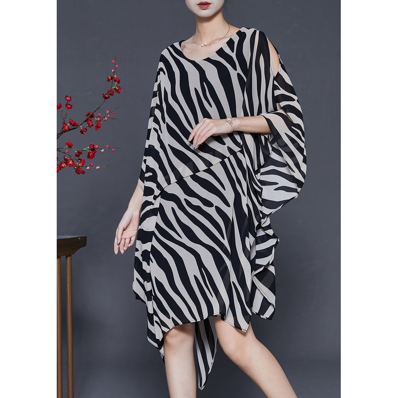 Art Asymmetrical Zebra Pattern Print Chiffon Dresses Summer