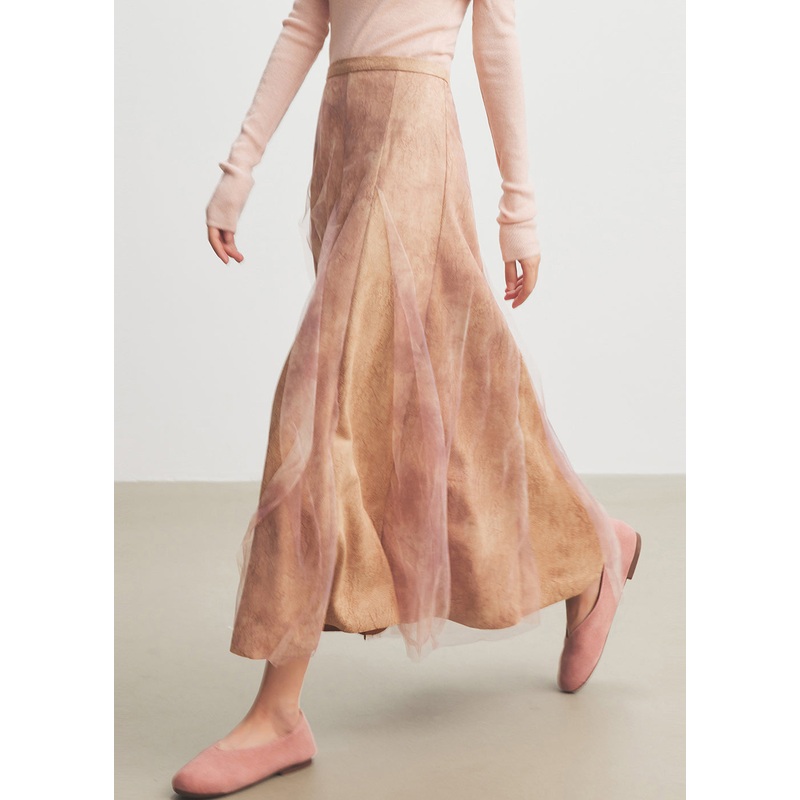 Art Pink Zippered Tulle Patchwork Skirt Spring