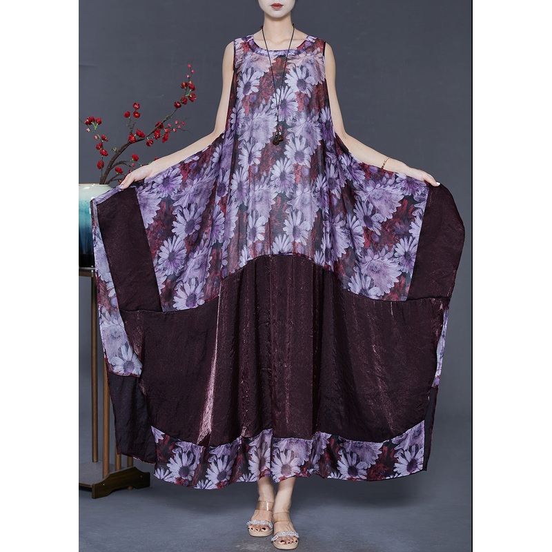 Art Purple Oversized Patchwork Print Silk Maxi Dresses Summer