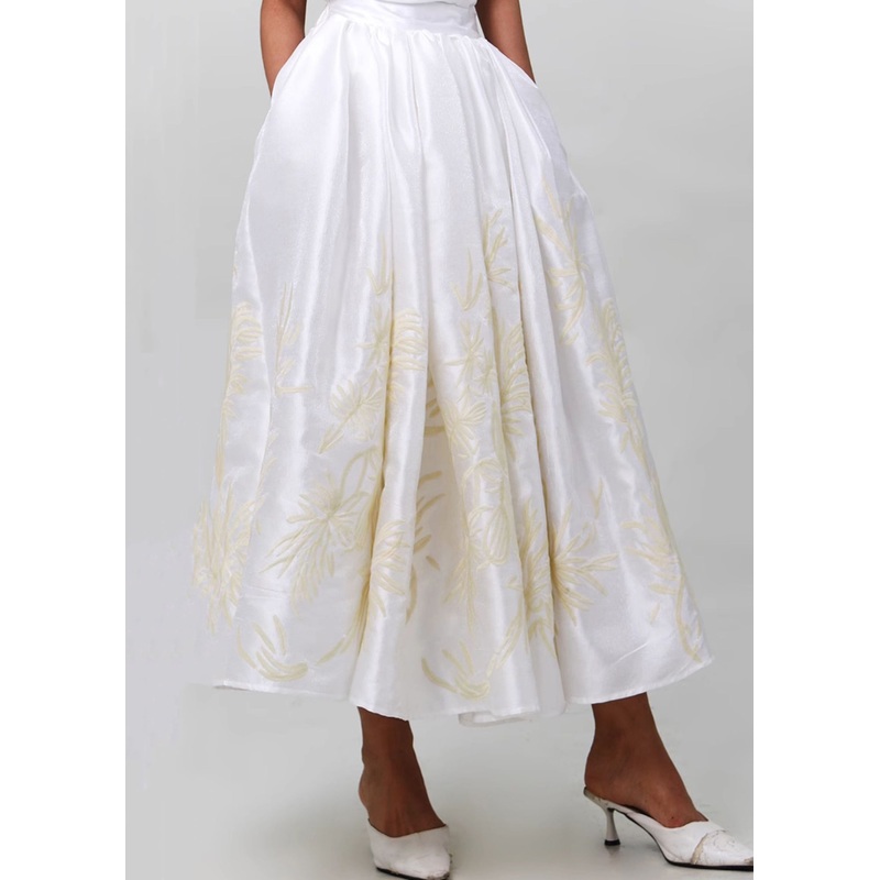 Art White Embroidered Pockets High Waist Silk Skirts Spring