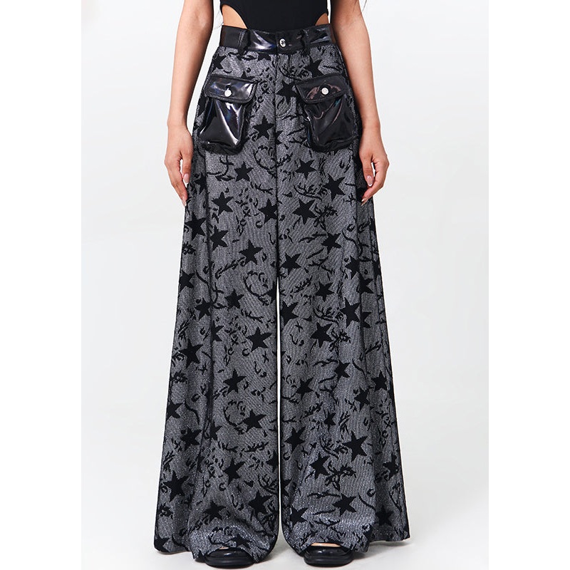 Bohemian Black Pockets Patchwork Denim Wide Leg Pants Spring