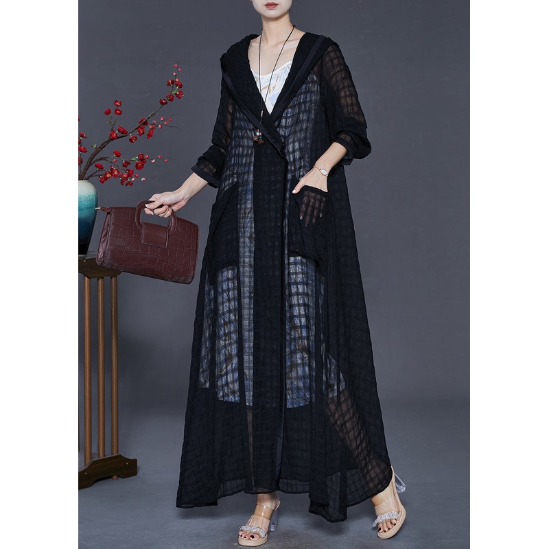 Boho Black Hooded Plaid Tulle Cardigans Spring