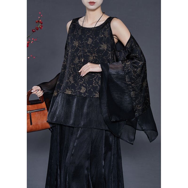 Boutique Black Cold Shoulder Patchwork Print Silk Shirts Spring