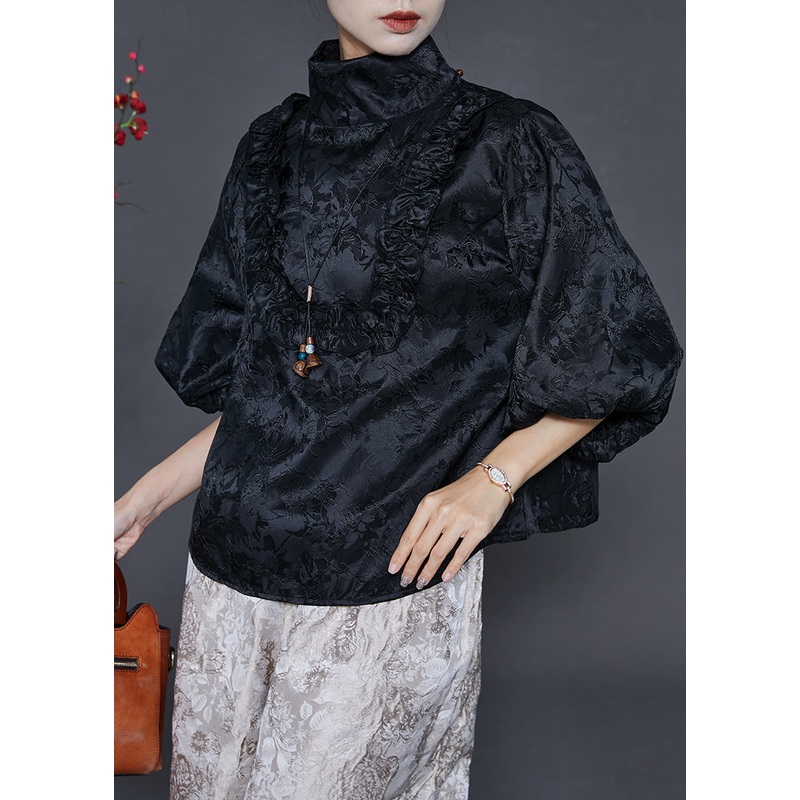 Stylish Black Stand Collar Ruffled Jacquard Silk Shirts Summer