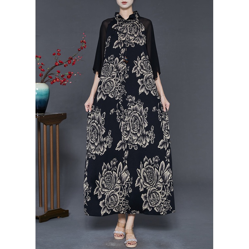 Women Black Mandarin Collar Patchwork Print Chiffon Long Dresses Summer