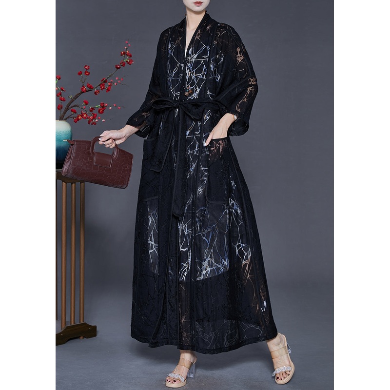 Women Black Oversized Hollow Out Chiffon Cardigan Spring