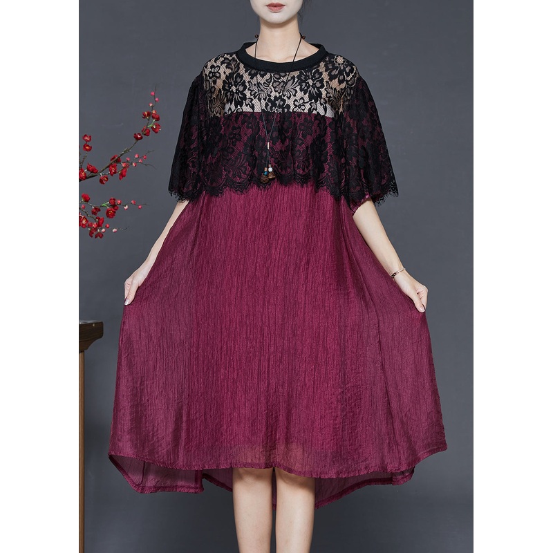 Women Dull Red Oversized Patchwork Lace Dress Summer