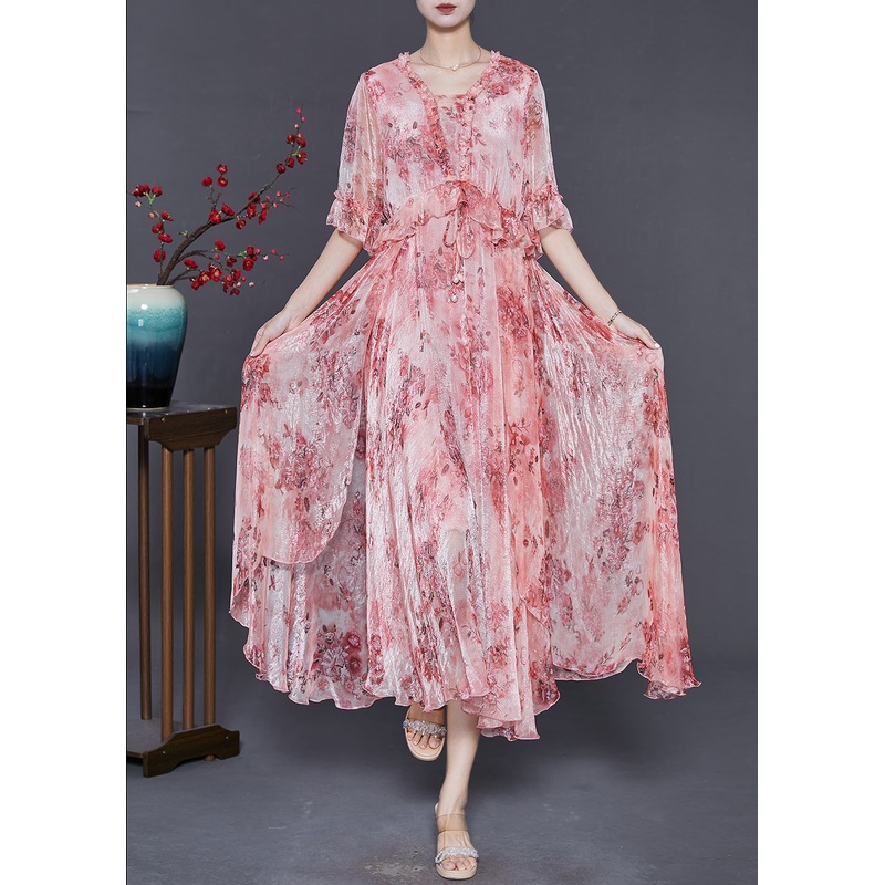 Women Pink Ruffled Print Silk Maxi Dresses Summer