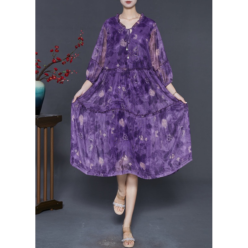 Women Purple Ruffled Print Chiffon Maxi Dress Summer