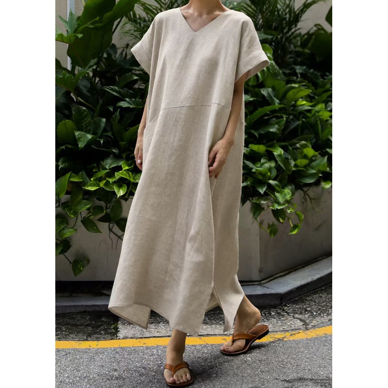 Art Beige Oversized Patchwork Linen Holiday Dresses Summer