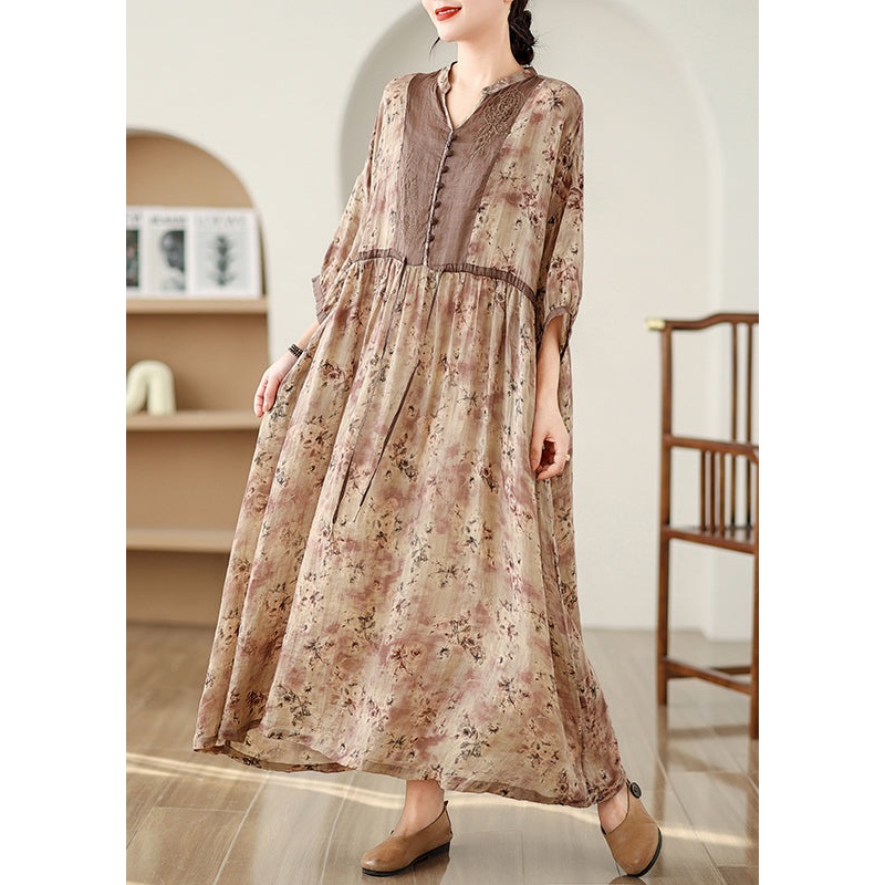 Art Brown Cinched Print Linen Maxi Dresses Bracelet Sleeve