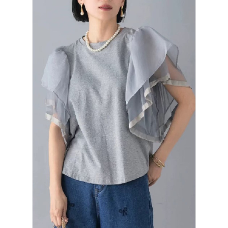 Art Grey Patchwork Tulle Tank Tops Cloak Sleeves