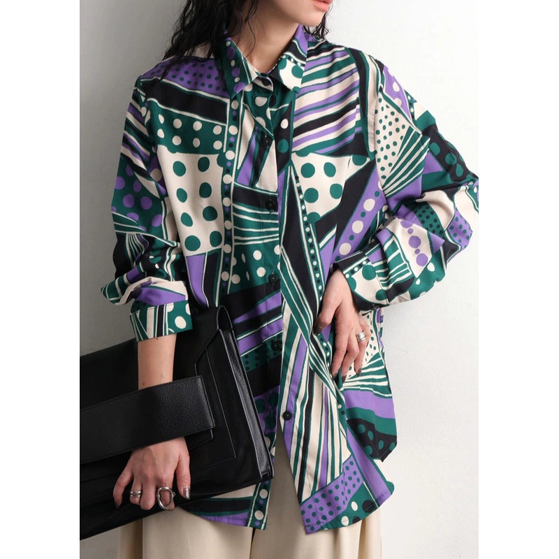 Bohemian Green Oversized Print Chiffon Shirt Top Fall