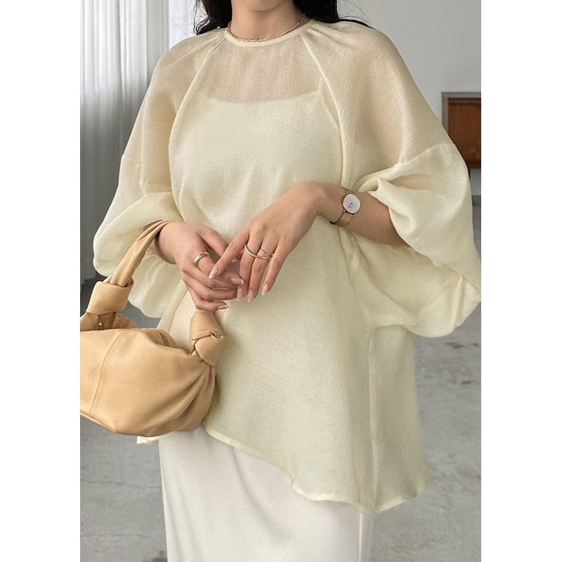 Boho Beige Oversized Chiffon Sheer Top Batwing Sleeve