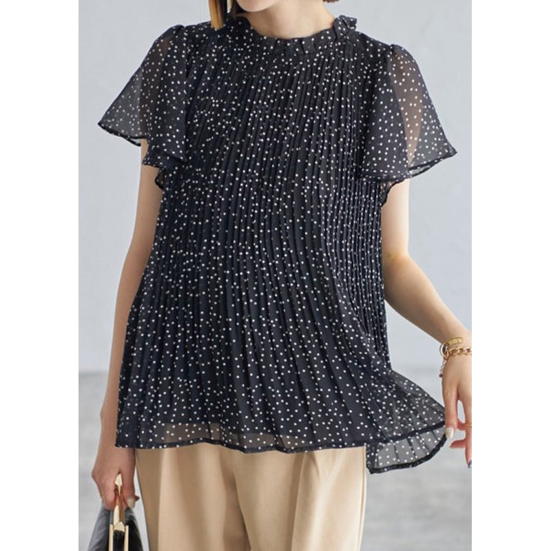 Classy Black Dot Wrinkled Chiffon Shirts Summer