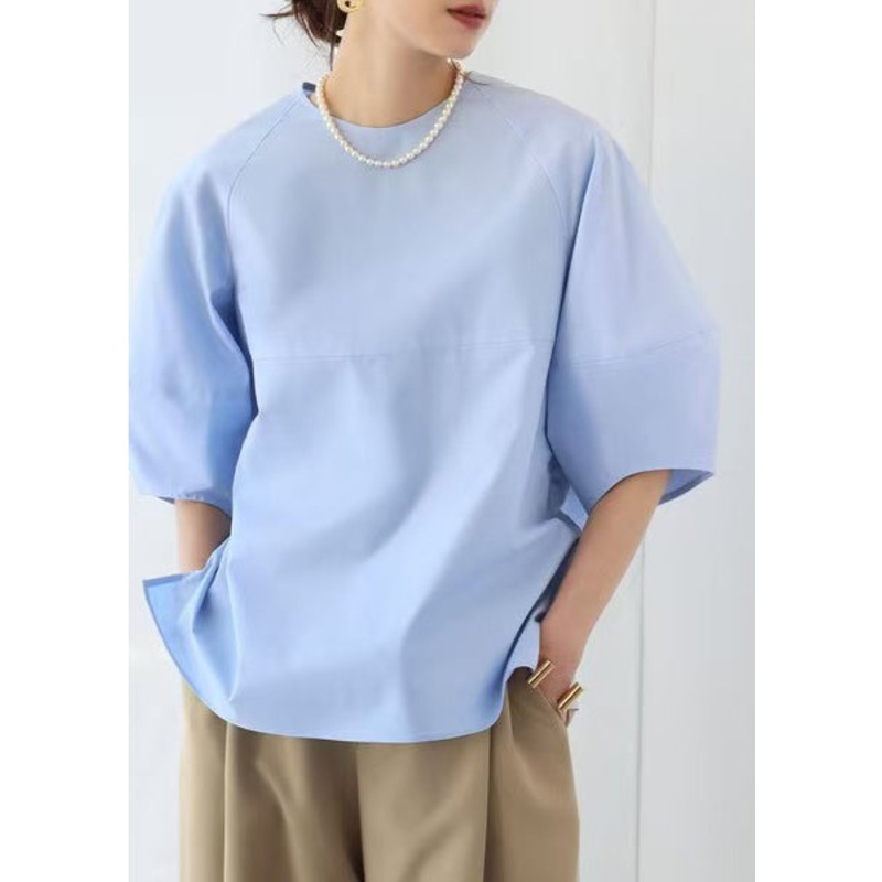 Elegant Blue O-Neck Puff Sleeve Cotton Tops