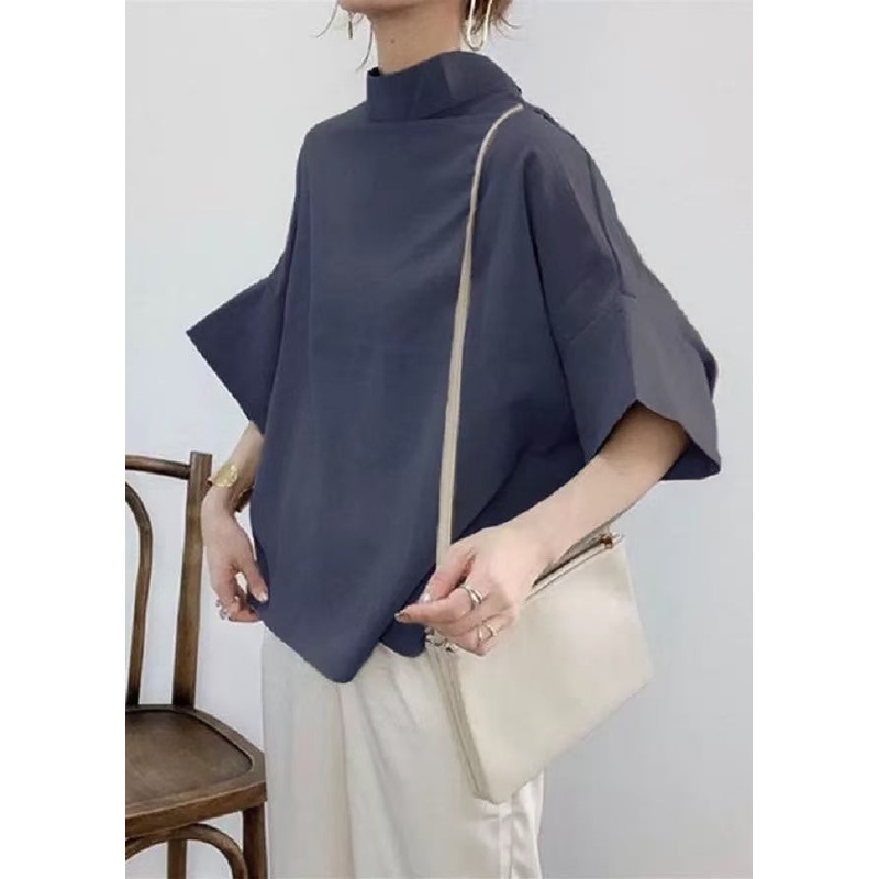 Elegant Navy Stand Collar Cotton Shirt Batwing Sleeve