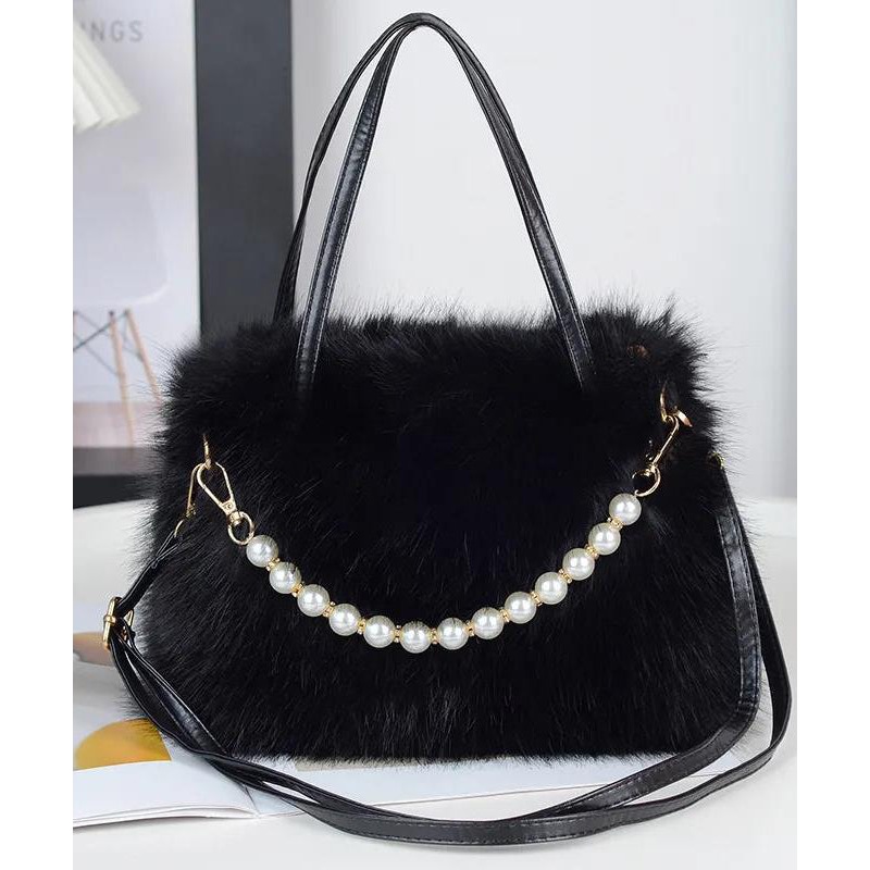 Fashion Black Faux Fur Bead Versatile Tote Handbag