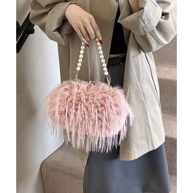 Fashion Pink Feather Tassel Fuzzy Fur Chain Messenger Bag