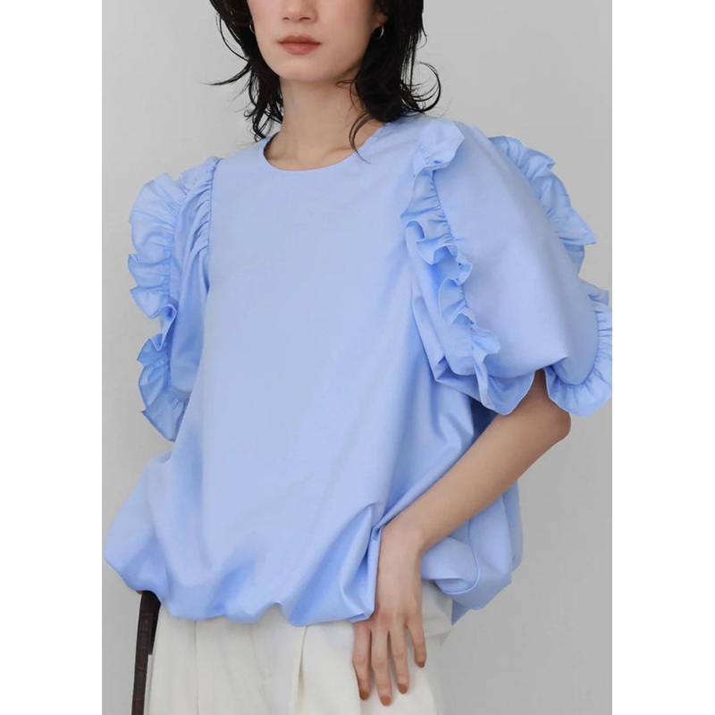 Fitted Blue Ruffled Cotton Tanks Puff Sleeve