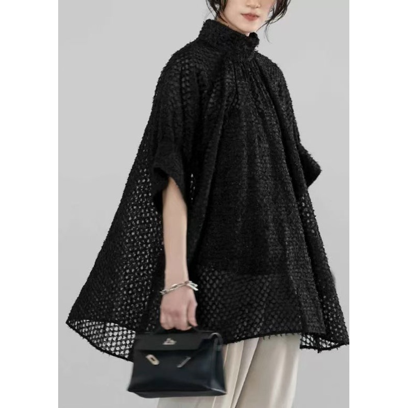 Handmade Black Stand Collar Tulle Sheer Shirt Half Sleeve