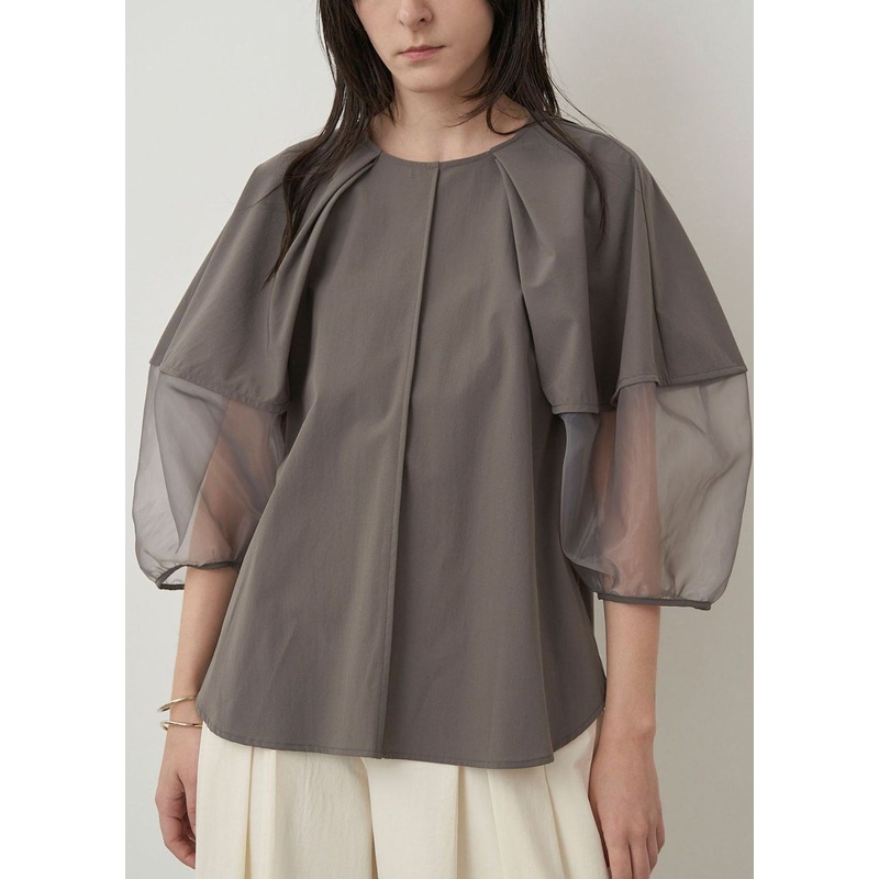Italian Grey Puff Sleeve Patchwork Organza Shirt Tops Summer