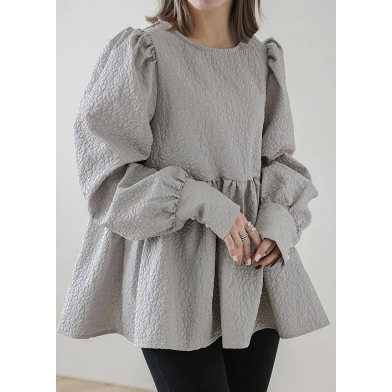 Unique Grey Emboss Back Lace Up Cotton Blouse Tops Fall