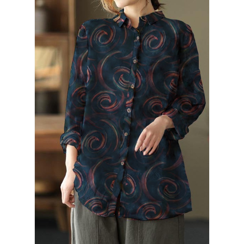 Unique Lapel Patchwork Spring Tunic Pattern Photography blue geometry Print Blouse