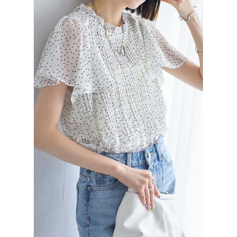 White Dot Chiffon Top Oversized Wrinkled Cloak Sleeves
