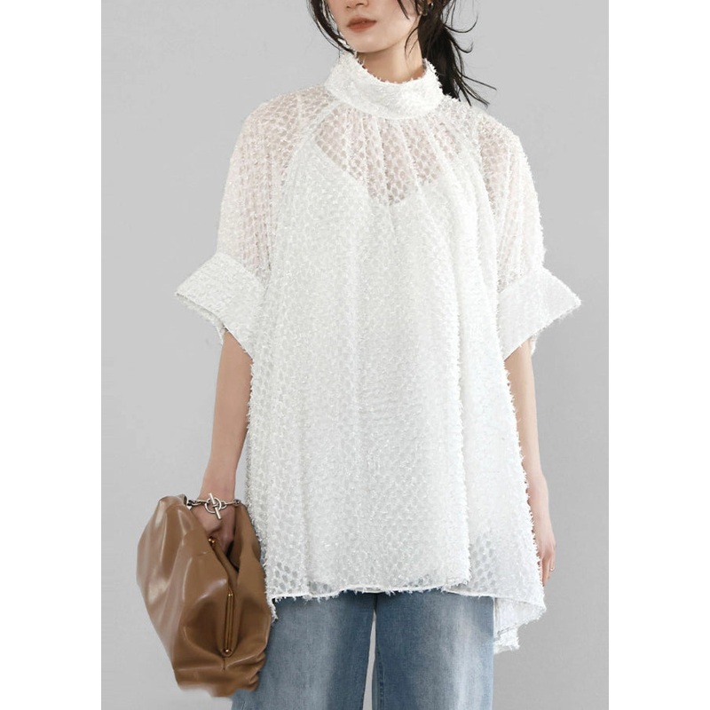 White Hollow Out Tulle A Line Tops Stand Collar Summer
