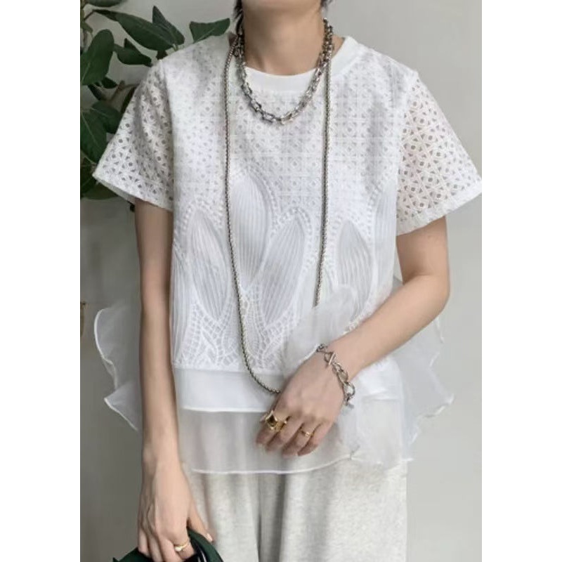 White Patchwork Organza Tops Embroideried Summer