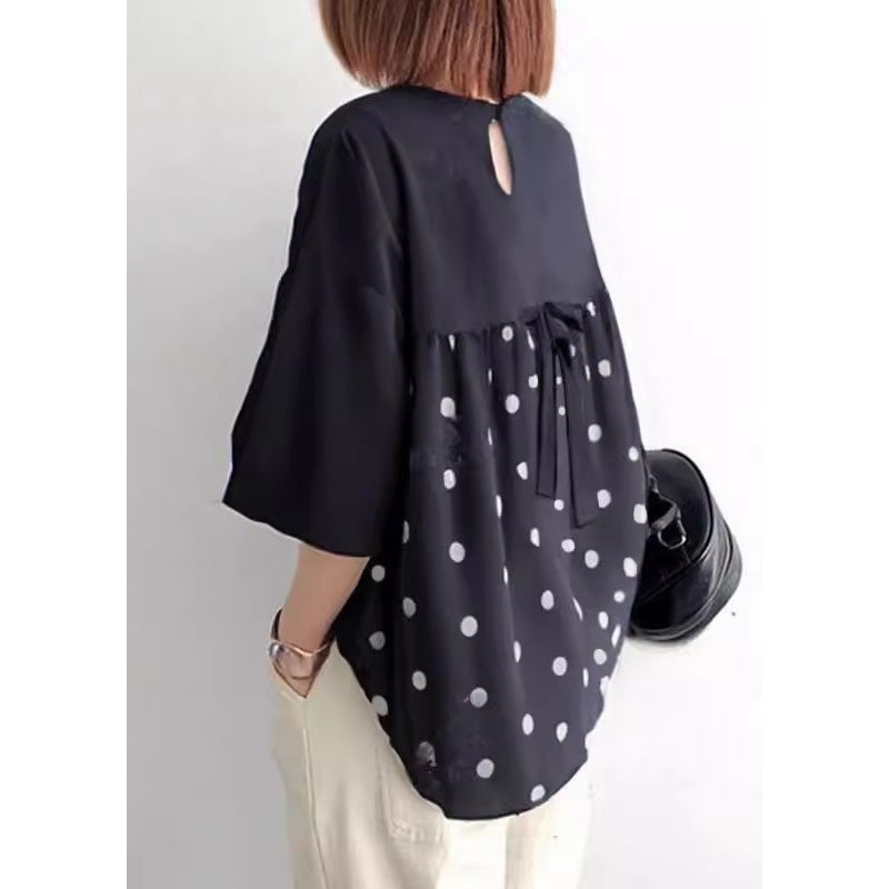 Women Black Oversized Patchwork Bow Cotton Shirt Tops Summer