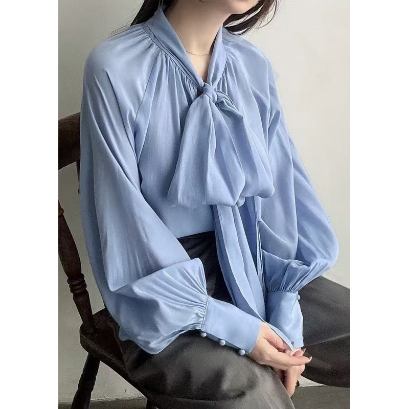 Women Blue Bow Oversized Silk Tops Lantern Sleeve